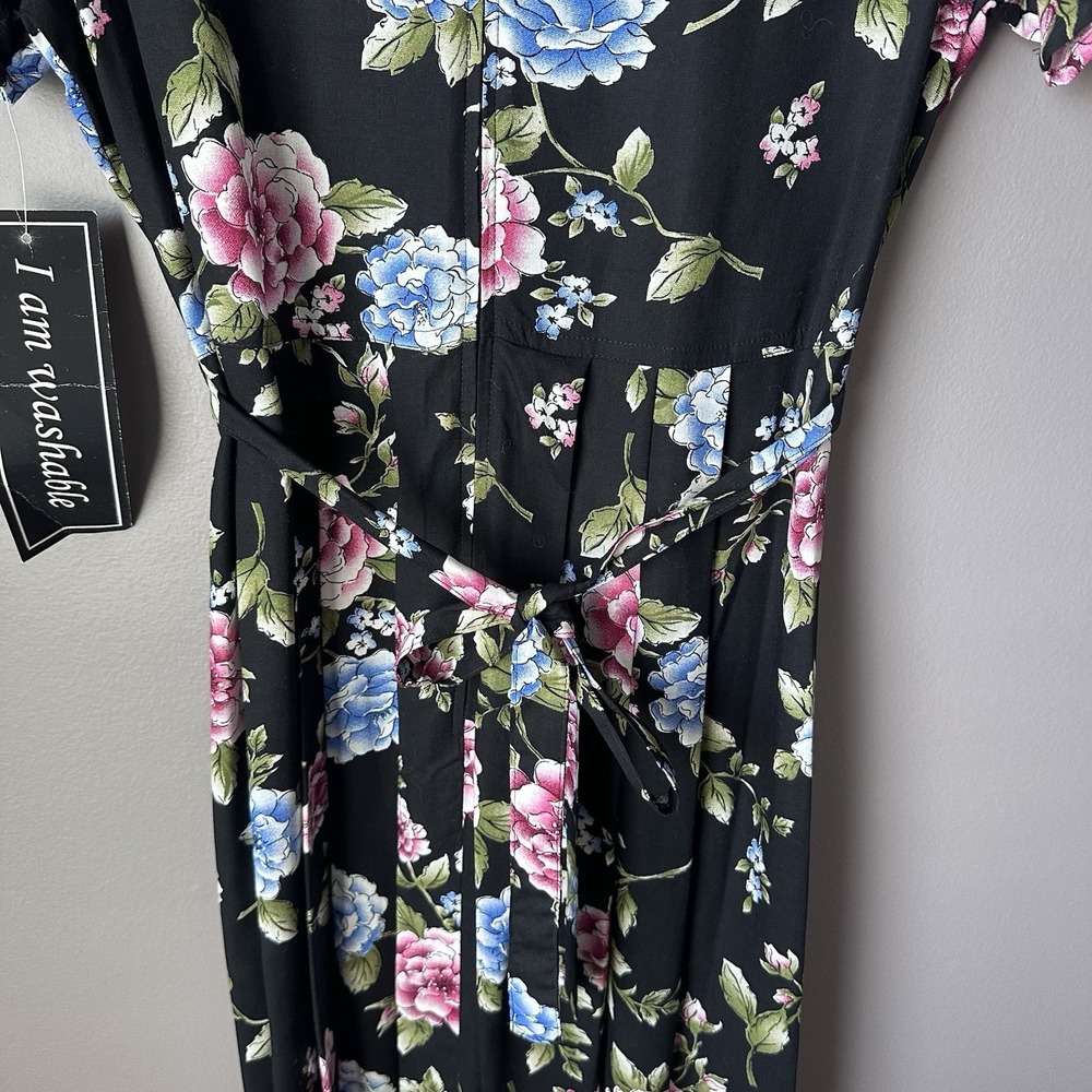 Vintage Erika Maxi Dress Women's Small Black Floral Print Tie Waist 90s Mom NWT - Picture 10 of 14
